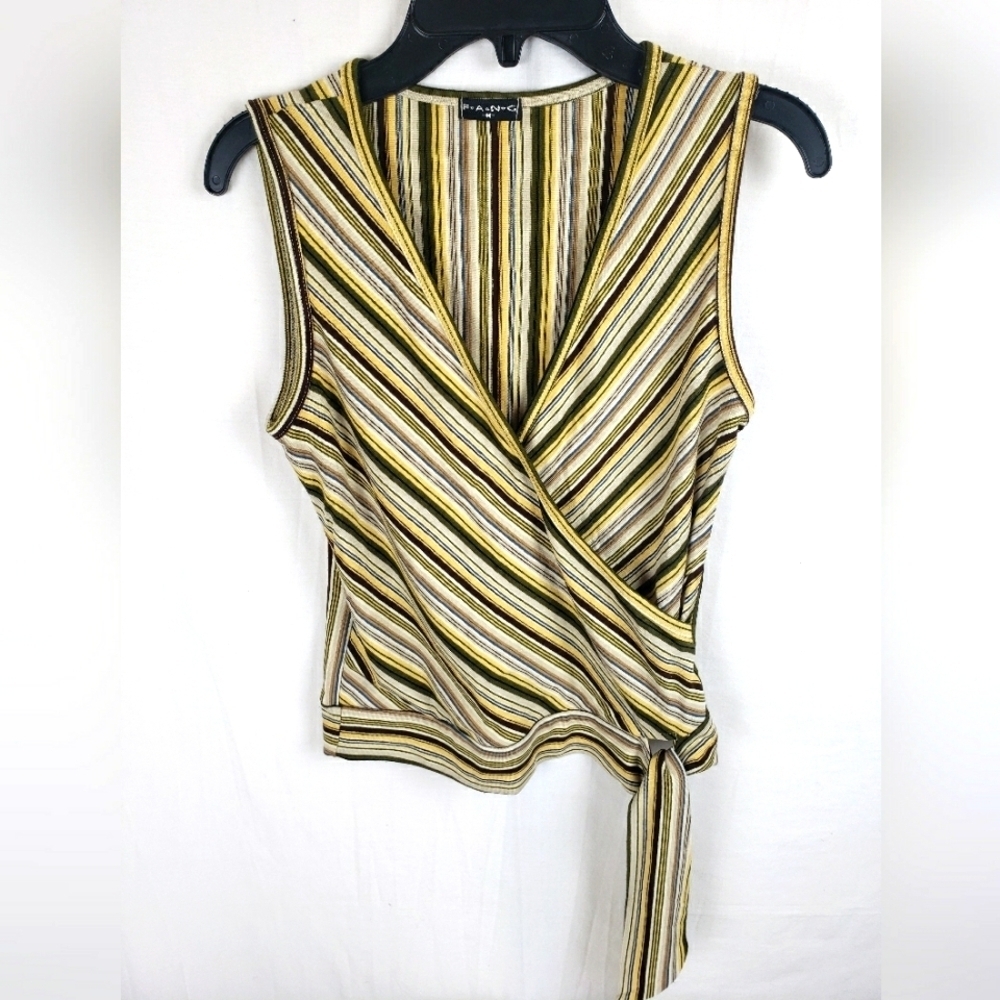 Fang Yellow Striped Y2K Crossover Side Tie Shirt Sz M